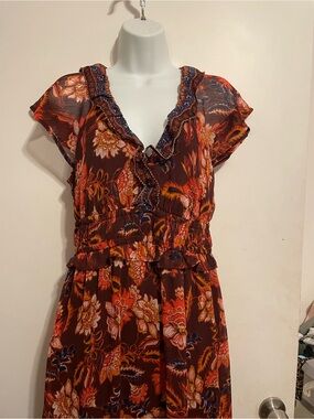 Old Navy Brown Floral Midi Dress with Orange & Cream Accents